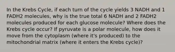 In the <a href='https://www.questionai.com/knowledge/kqfW58SNl2-krebs-cycle' class='anchor-knowledge'>krebs cycle</a>, if each turn of the cycle yields 3 NADH and 1 FADH2 molecules, why is the true total 6 NADH and 2 FADH2 molecules produced for each glucose molecule? Where does the Krebs cycle occur? If pyruvate is a polar molecule, how does it move from the cytoplasm (where it's produced) to the mitochondrial matrix (where it enters the Krebs cycle)?