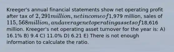 Kreeger's annual <a href='https://www.questionai.com/knowledge/kFBJaQCz4b-financial-statements' class='anchor-knowledge'>financial statements</a> show net operating profit after tax of 2,291 million, net income of1,979 million, sales of 115,568 million, and average net operating assets of18,616 million. Kreeger's net operating asset turnover for the year is: A) 16.1% B) 9.4 C) 11.0% D) 6.21 E) There is not enough information to calculate the ratio.