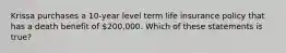 Krissa purchases a 10-year level term life insurance policy that has a death benefit of 200,000. Which of these statements is true?