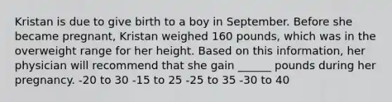 Kristan is due to give birth to a boy in September. Before she became pregnant, Kristan weighed 160 pounds, which was in the overweight range for her height. Based on this information, her physician will recommend that she gain ______ pounds during her pregnancy. -20 to 30 -15 to 25 -25 to 35 -30 to 40