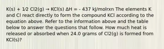 K(s) + 1⁄2 Cl2(g) → KCl(s) ∆H = - 437 kJ/molrxn The elements K and Cl react directly to form the compound KCl according to the equation above. Refer to the information above and the table below to answer the questions that follow. How much heat is released or absorbed when 24.0 grams of Cl2(g) is formed from KCl(s)?