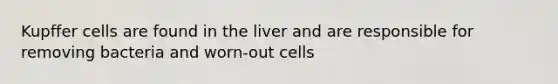 Kupffer cells are found in the liver and are responsible for removing bacteria and worn-out cells