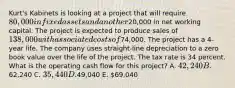 Kurt's Kabinets is looking at a project that will require 80,000 in fixed assets and another20,000 in net working capital. The project is expected to produce sales of 138,000 with associated costs of74,000. The project has a 4-year life. The company uses straight-line depreciation to a zero book value over the life of the project. The tax rate is 34 percent. What is the operating cash flow for this project? A. 42,240 B.62,240 C. 35,440 D.49,040 E. 69,040