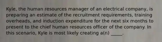 Kyle, the human resources manager of an electrical company, is preparing an estimate of the recruitment requirements, training overheads, and induction expenditure for the next six months to present to the chief human resources officer of the company. In this scenario, Kyle is most likely creating a(n) _____.