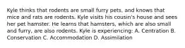 Kyle thinks that rodents are small furry pets, and knows that mice and rats are rodents. Kyle visits his cousin's house and sees her pet hamster. He learns that hamsters, which are also small and furry, are also rodents. Kyle is experiencing: A. Centration B. Conservation C. Accommodation D. Assimilation