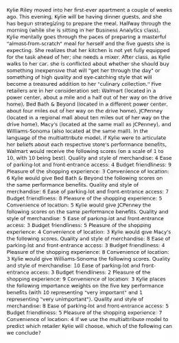 Kylie Riley moved into her first-ever apartment a couple of weeks ago. This evening, Kylie will be having dinner guests, and she has begun strategizing to prepare the meal. Halfway through the morning (while she is sitting in her Business Analytics class), Kylie mentally goes through the paces of preparing a masterful "almost-from-scratch" meal for herself and the five guests she is expecting. She realizes that her kitchen is not yet fully equipped for the task ahead of her; she needs a mixer. After class, as Kylie walks to her car, she is conflicted about whether she should buy something inexpensive that will "get her through the day" or something of high quality and eye-catching style that will become a treasured addition to her "culinary collection." Five retailers are in her consideration set: Walmart (located in a power center, about a mile and a half out of her way on the drive home), Bed Bath & Beyond (located in a different power center, about four miles out of her way on the drive home), JCPenney (located in a regional mall about ten miles out of her way on the drive home), Macy's (located at the same mall as JCPenney), and Williams-Sonoma (also located at the same mall). In the language of the multiattribute model, if Kylie were to articulate her beliefs about each respective store's performance benefits, Walmart would receive the following scores (on a scale of 1 to 10, with 10 being best). Quality and style of merchandise: 4 Ease of parking-lot and front-entrance access: 4 Budget friendliness: 9 Pleasure of the shopping experience: 3 Convenience of location: 6 Kylie would give Bed Bath & Beyond the following scores on the same performance benefits. Quality and style of merchandise: 6 Ease of parking-lot and front-entrance access: 7 Budget friendliness: 8 Pleasure of the shopping experience: 5 Convenience of location: 5 Kylie would give JCPenney the following scores on the same performance benefits. Quality and style of merchandise: 5 Ease of parking-lot and front-entrance access: 3 Budget friendliness: 5 Pleasure of the shopping experience: 4 Convenience of location: 3 Kylie would give Macy's the following scores. Quality and style of merchandise: 8 Ease of parking-lot and front-entrance access: 3 Budget friendliness: 4 Pleasure of the shopping experience: 8 Convenience of location: 3 Kylie would give Williams-Sonoma the following scores. Quality and style of merchandise: 10 Ease of parking-lot and front-entrance access: 3 Budget friendliness: 2 Pleasure of the shopping experience: 9 Convenience of location: 3 Kylie places the following importance weights on the five key performance benefits (with 10 representing "very important" and 1 representing "very unimportant"). Quality and style of merchandise: 8 Ease of parking-lot and front-entrance access: 5 Budget friendliness: 5 Pleasure of the shopping experience: 7 Convenience of location: 4 If we use the multiattribute model to predict which retailer Kylie will choose, which of the following can we conclude?