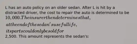 L has an auto policy on an older sedan. After L is hit by a distracted driver, the cost to repair the auto is determined to be 10,000. The insurer then determines that, at the end of the sedan's useful life, its parts could only be sold for2,500. This amount represents the sedan's: