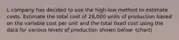 L company has decided to use the high-low method to estimate costs. Estimate the total cost of 26,000 units of production based on the variable cost per unit and the total fixed cost using the data for various levels of production shown below: (chart)