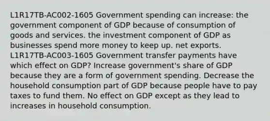 L1R17TB-AC002-1605 Government spending can increase: the government component of GDP because of consumption of goods and services. the investment component of GDP as businesses spend more money to keep up. net exports. L1R17TB-AC003-1605 Government transfer payments have which effect on GDP? Increase government's share of GDP because they are a form of government spending. Decrease the household consumption part of GDP because people have to pay taxes to fund them. No effect on GDP except as they lead to increases in household consumption.