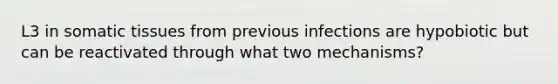 L3 in somatic tissues from previous infections are hypobiotic but can be reactivated through what two mechanisms?