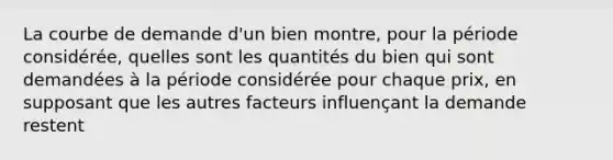 La courbe de demande d'un bien montre, pour la période considérée, quelles sont les quantités du bien qui sont demandées à la période considérée pour chaque prix, en supposant que les autres facteurs influençant la demande restent