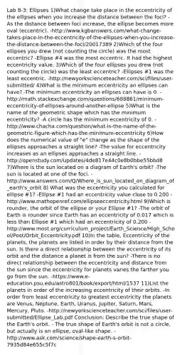 Lab 8-3: Ellipses 1)What change take place in the eccentricity of the ellipses when you increase the distance between the foci? -As the distance between foci increase, the ellipse becomes more oval (eccentric). -http://www.kgbanswers.com/what-change-takes-place-in-the-eccentricity-of-the-ellipses-when-you-increase-the-distance-between-the-foci/20017389 2)Which of the four ellipses you drew (not counting the circle) was the most eccentric? -Ellipse #4 was the most eccentric. It had the highest eccentricity value. 3)Which of the four ellipses you drew (not counting the circle) was the least eccentric? -Ellipses #1 was the least eccentric. -http://newyorkscienceteacher.com/sci/files/user-submitted/ 4)What is the minimum eccentricity an ellipses can have? -The minimum eccentricity an ellipses can have is 0. -http://math.stackexchange.com/questions/688861/minimum-eccentricity-of-ellipses-around-another-ellipse 5)What is the name of the geometric shape which has the minimum eccentricity? -A circle has the minimum eccentricity of 0. -http://www.chacha.com/question/what-is-the-name-of-the-geometric-figure-which-has-the-minimum-eccentricity 6)How does the numerical value of "e" change as the shape of the ellipses approaches a straight line? -The value for eccentricity increases as an ellipses approaches a straight line. -http://openstudy.com/updates/4de817e44c0e8b0bbe55bbd8 7)Where is the sun located on a diagram of Earth's orbit? -The sun is located at one of the foci. -http://www.answers.com/Q/Where_is_sun_located_on_diagram_of_earth's_orbit 8) What was the eccentricity you calculated for ellipse #1? -Ellipse #1 had an eccentricity value close to 0.200 -http://www.mathopenref.com/ellipseeccentricity.html 9)Which is rounder, the orbit of the ellipse or your Ellipse #1? -The orbit of Earth is rounder since Earth has an eccentricity of 0.017 which is less than Ellipse #1 which had an eccentricity of 0.200 -http://www.most.org/curriculum_project/Earth_Science/High_School/Post/Orbit_Eccentricity.pdf 10)In the table, Eccentricity of the planets, the planets are listed in order by their distance from the sun. Is there a direct relationship between the eccentricity of its orbit and the distance a planet is from the sun? -There is no direct relationship between the eccentricity and distance from the sun since the eccentricity for planets varies the farther you go from the sun. -https://www.e-education.psu.edu/astro801/book/export/html/1537 11)List the planets in order of the increasing eccentricity of their orbits. -In order from least eccentricity to greatest eccentricity the planets are Venus, Neptune, Earth, Uranus, Jupiter, Saturn, Mars, Mercury, Pluto. -http://newyorkscienceteacher.com/sci/files/user-submitted/Ellipse_Lab.pdf Conclusion: Describe the true shape of the Earth's orbit. - The true shape of Earth's orbit is not a circle, but actually is an ellipse, oval-like shape. -http://www.ask.com/science/shape-earth-s-orbit-7935d84e655c5f7c