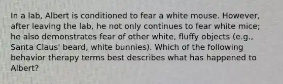 In a lab, Albert is conditioned to fear a white mouse. However, after leaving the lab, he not only continues to fear white mice; he also demonstrates fear of other white, fluffy objects (e.g., Santa Claus' beard, white bunnies). Which of the following behavior therapy terms best describes what has happened to Albert?