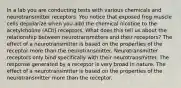 In a lab you are conducting tests with various chemicals and neurotransmitter receptors. You notice that exposed frog muscle cells depolarize when you add the chemical nicotine to the acetylcholine (ACh) receptors. What does this tell us about the relationship between neurotransmitters and their receptors? The effect of a neurotransmitter is based on the properties of the receptor more than the neurotransmitter. Neurotransmitter receptors only bind specifically with their neurotransmitter. The response generated by a receptor is very broad in nature. The effect of a neurotransmitter is based on the properties of the neurotransmitter more than the receptor.