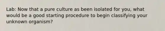 Lab: Now that a pure culture as been isolated for you, what would be a good starting procedure to begin classifying your unknown organism?