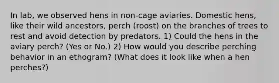 In lab, we observed hens in non-cage aviaries. Domestic hens, like their wild ancestors, perch (roost) on the branches of trees to rest and avoid detection by predators. 1) Could the hens in the aviary perch? (Yes or No.) 2) How would you describe perching behavior in an ethogram? (What does it look like when a hen perches?)