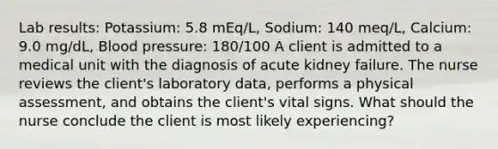 Lab results: Potassium: 5.8 mEq/L, Sodium: 140 meq/L, Calcium: 9.0 mg/dL, Blood pressure: 180/100 A client is admitted to a medical unit with the diagnosis of acute kidney failure. The nurse reviews the client's laboratory data, performs a physical assessment, and obtains the client's vital signs. What should the nurse conclude the client is most likely experiencing?