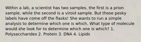 Within a lab, a scientist has two samples, the first is a prion sample, while the second is a viroid sample. But those pesky labels have come off the flasks! She wants to run a simple analysis to determine which one is which. What type of molecule would she look for to determine which one is which? 1. Polysaccharides 2. Protein 3. DNA 4. Lipids