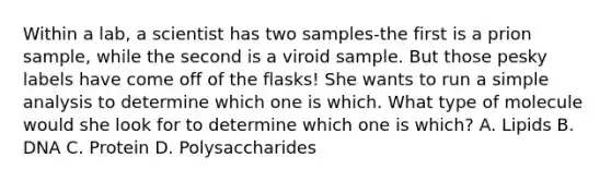 Within a lab, a scientist has two samples-the first is a prion sample, while the second is a viroid sample. But those pesky labels have come off of the flasks! She wants to run a simple analysis to determine which one is which. What type of molecule would she look for to determine which one is which? A. Lipids B. DNA C. Protein D. Polysaccharides