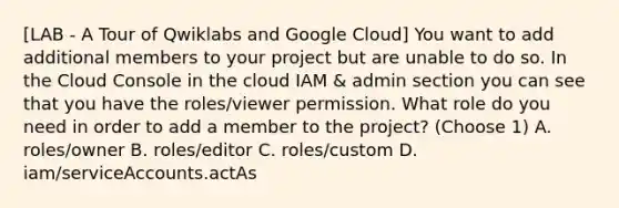 [LAB - A Tour of Qwiklabs and Google Cloud] You want to add additional members to your project but are unable to do so. In the Cloud Console in the cloud IAM & admin section you can see that you have the roles/viewer permission. What role do you need in order to add a member to the project? (Choose 1) A. roles/owner B. roles/editor C. roles/custom D. iam/serviceAccounts.actAs