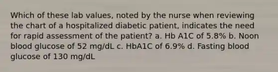 Which of these lab values, noted by the nurse when reviewing the chart of a hospitalized diabetic patient, indicates the need for rapid assessment of the patient? a. Hb A1C of 5.8% b. Noon blood glucose of 52 mg/dL c. HbA1C of 6.9% d. Fasting blood glucose of 130 mg/dL