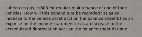 Labeau co pays 600 for regular maintenance of one of their vehicles. How will this expenditure be recorded? a) as an increase to the vehicle asset acct on the balance sheet b) as an expense on the income statement c) as an increase to the accumulated depreciation acct on the balance sheet d) none