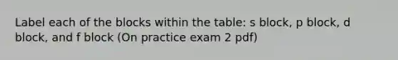 Label each of the blocks within the table: s block, p block, d block, and f block (On practice exam 2 pdf)