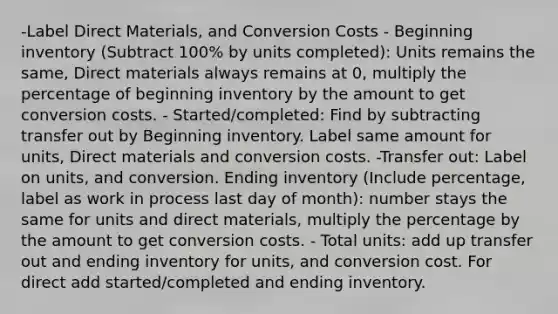 -Label Direct Materials, and Conversion Costs - Beginning inventory (Subtract 100% by units completed): Units remains the same, Direct materials always remains at 0, multiply the percentage of beginning inventory by the amount to get conversion costs. - Started/completed: Find by subtracting transfer out by Beginning inventory. Label same amount for units, Direct materials and conversion costs. -Transfer out: Label on units, and conversion. Ending inventory (Include percentage, label as work in process last day of month): number stays the same for units and direct materials, multiply the percentage by the amount to get conversion costs. - Total units: add up transfer out and ending inventory for units, and conversion cost. For direct add started/completed and ending inventory.