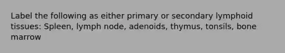 Label the following as either primary or secondary lymphoid tissues: Spleen, lymph node, adenoids, thymus, tonsils, bone marrow