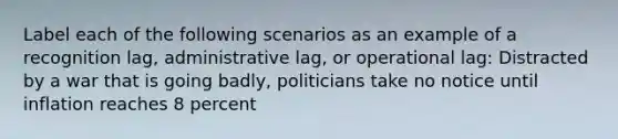 Label each of the following scenarios as an example of a recognition lag, administrative lag, or operational lag: Distracted by a war that is going badly, politicians take no notice until inflation reaches 8 percent