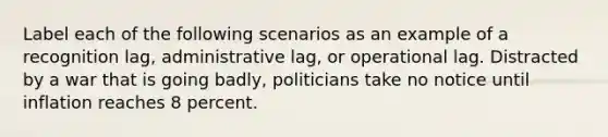 Label each of the following scenarios as an example of a recognition lag, administrative lag, or operational lag. Distracted by a war that is going badly, politicians take no notice until inflation reaches 8 percent.