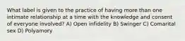 ​What label is given to the practice of having more than one intimate relationship at a time with the knowledge and consent of everyone involved? ​A) Open infidelity ​B) Swinger ​C) Comarital sex D) ​Polyamory