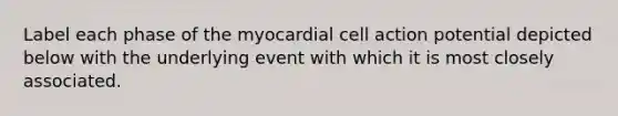 Label each phase of the myocardial cell action potential depicted below with the underlying event with which it is most closely associated.