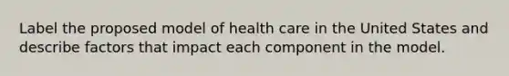 Label the proposed model of health care in the United States and describe factors that impact each component in the model.