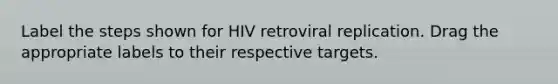 Label the steps shown for HIV retroviral replication. Drag the appropriate labels to their respective targets.