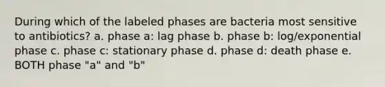 During which of the labeled phases are bacteria most sensitive to antibiotics? a. phase a: lag phase b. phase b: log/exponential phase c. phase c: stationary phase d. phase d: death phase e. BOTH phase "a" and "b"