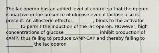 The lac operon has an added level of control so that the operon is inactive in the presence of glucose even if lactose also is present. An allosteric effector, ________, binds to the activator ______ to permit the induction of the lac operon. HOwever, high concentrations of glucose _______________ inhibit production of cAMP, thus failing to produce cAMP-CAP and thereby failing to ____________ the lac operon