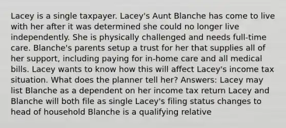 Lacey is a single taxpayer. Lacey's Aunt Blanche has come to live with her after it was determined she could no longer live independently. She is physically challenged and needs full-time care. Blanche's parents setup a trust for her that supplies all of her support, including paying for in-home care and all medical bills. Lacey wants to know how this will affect Lacey's income tax situation. What does the planner tell her? Answers: Lacey may list Blanche as a dependent on her income tax return Lacey and Blanche will both file as single Lacey's filing status changes to head of household Blanche is a qualifying relative