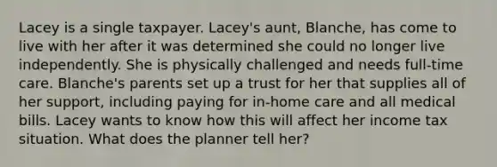 Lacey is a single taxpayer. Lacey's aunt, Blanche, has come to live with her after it was determined she could no longer live independently. She is physically challenged and needs full-time care. Blanche's parents set up a trust for her that supplies all of her support, including paying for in-home care and all medical bills. Lacey wants to know how this will affect her income tax situation. What does the planner tell her?