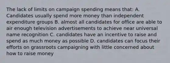 The lack of limits on campaign spending means that: A. Candidates usually spend more money than independent expenditure groups B. almost all candidates for office are able to air enough television advertisements to achieve near universal name recognition C. candidates have an incentive to raise and spend as much money as possible D. candidates can focus their efforts on grassroots campaigning with little concerned about how to raise money