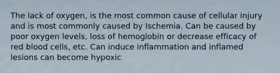 The lack of oxygen, is the most common cause of cellular injury and is most commonly caused by Ischemia. Can be caused by poor oxygen levels, loss of hemoglobin or decrease efficacy of red blood cells, etc. Can induce inflammation and inflamed lesions can become hypoxic