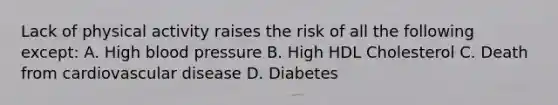 Lack of physical activity raises the risk of all the following except: A. High blood pressure B. High HDL Cholesterol C. Death from cardiovascular disease D. Diabetes