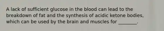 A lack of sufficient glucose in the blood can lead to the breakdown of fat and the synthesis of acidic ketone bodies, which can be used by the brain and muscles for ________.