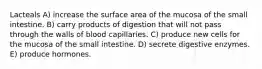 Lacteals A) increase the surface area of the mucosa of the small intestine. B) carry products of digestion that will not pass through the walls of blood capillaries. C) produce new cells for the mucosa of the small intestine. D) secrete digestive enzymes. E) produce hormones.