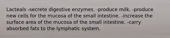 Lacteals -secrete digestive enzymes. -produce milk. -produce new cells for the mucosa of the small intestine. -increase the surface area of the mucosa of the small intestine. -carry absorbed fats to the lymphatic system.