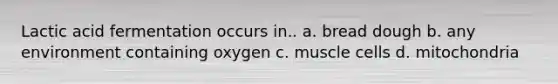 Lactic acid fermentation occurs in.. a. bread dough b. any environment containing oxygen c. muscle cells d. mitochondria