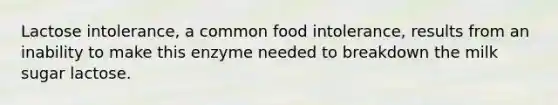 Lactose intolerance, a common food intolerance, results from an inability to make this enzyme needed to breakdown the milk sugar lactose.