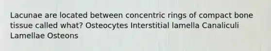 Lacunae are located between concentric rings of compact bone tissue called what? Osteocytes Interstitial lamella Canaliculi Lamellae Osteons