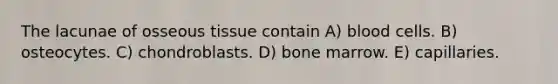 The lacunae of osseous tissue contain A) blood cells. B) osteocytes. C) chondroblasts. D) bone marrow. E) capillaries.