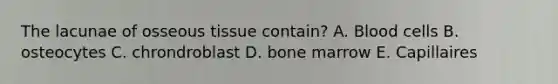 The lacunae of osseous tissue contain? A. Blood cells B. osteocytes C. chrondroblast D. bone marrow E. Capillaires